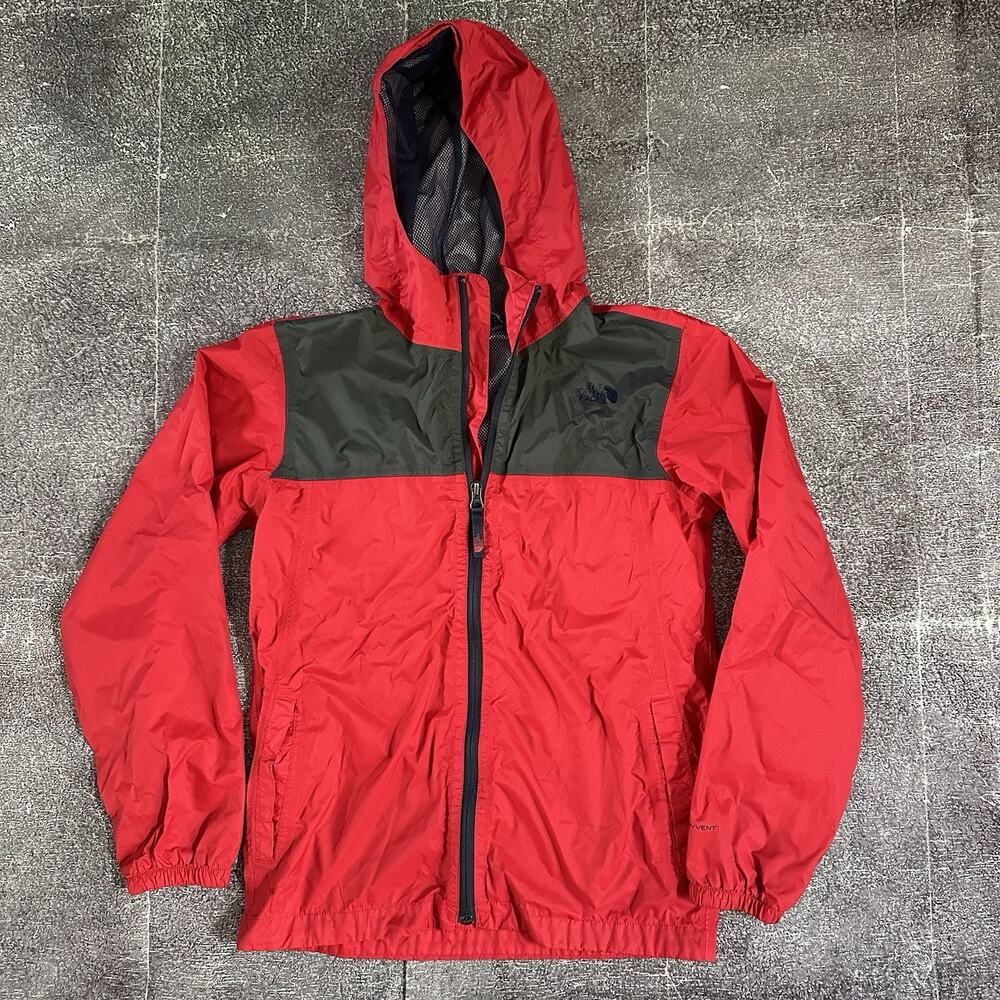 Boy's The North Face Red Gray Mesh Lined Dryvent Hooded Windbreaker Jacket Sz M